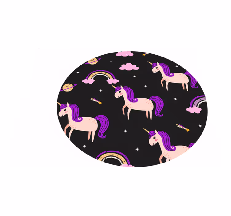 Kids vinyl carpet featuring artistic unicorns on black - TenStickers