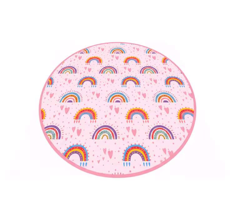Kids vinyl carpet with pink dots and colorful rainbows - TenStickers
