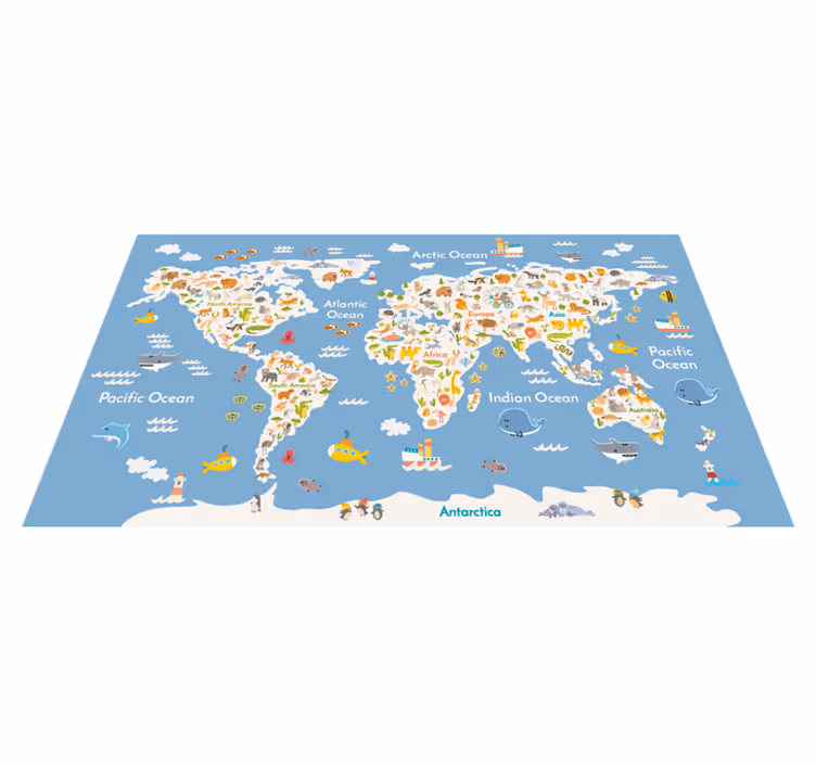 World map vinyl carpet with white animal designs - TenStickers