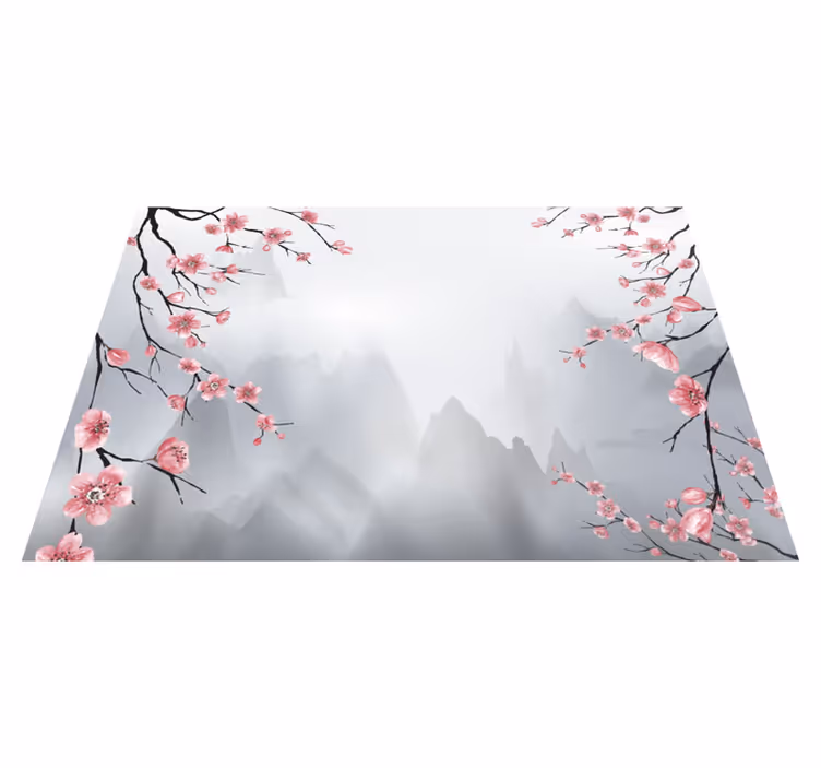 Grey vinyl carpet with cherry blossoms and mountains - TenStickers