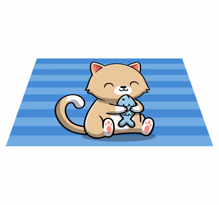 Cute cat with fish animal vinyl carpet - TenStickers