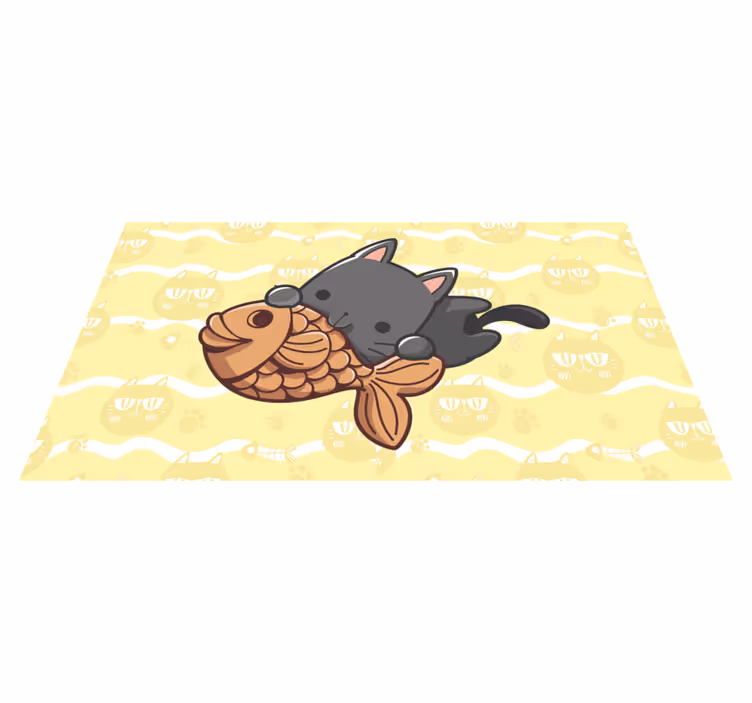 Baby cat eating fish animal vinyl carpet - TenStickers