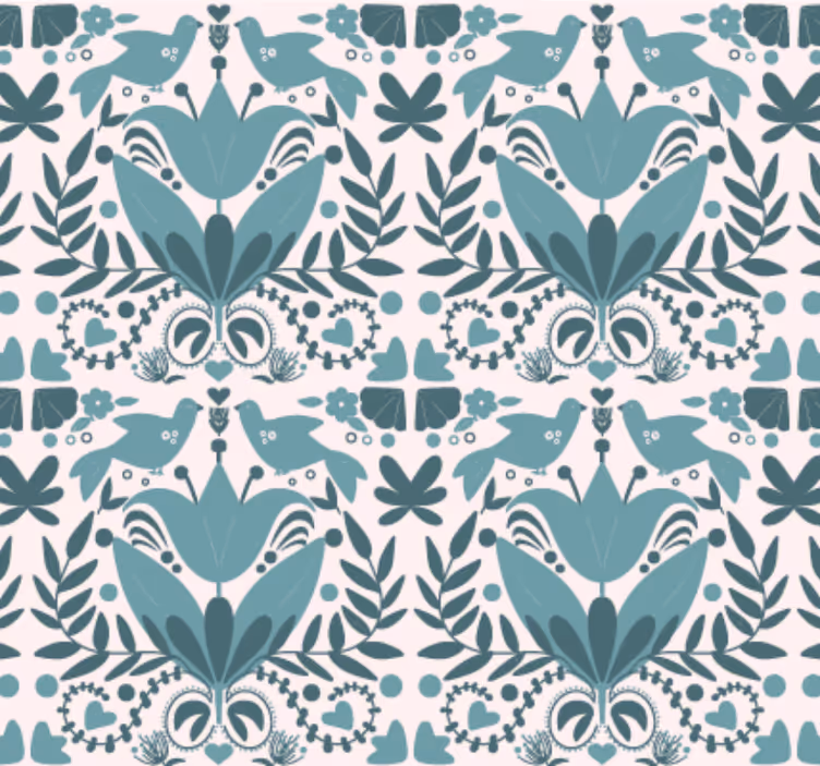 Kitchen wallpaper blue folk art pattern with birds - TenStickers