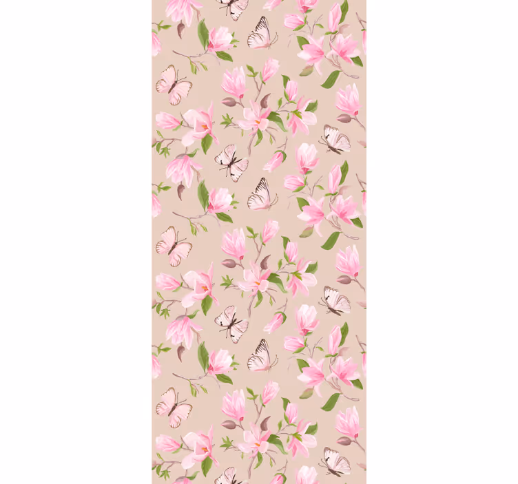 Wallpaper flowery pink magnolia and butterfly design - TenStickers