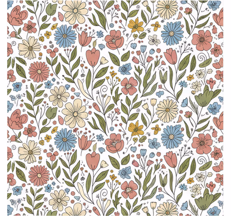 Leaves wallpaper with drawn flowers - TenStickers