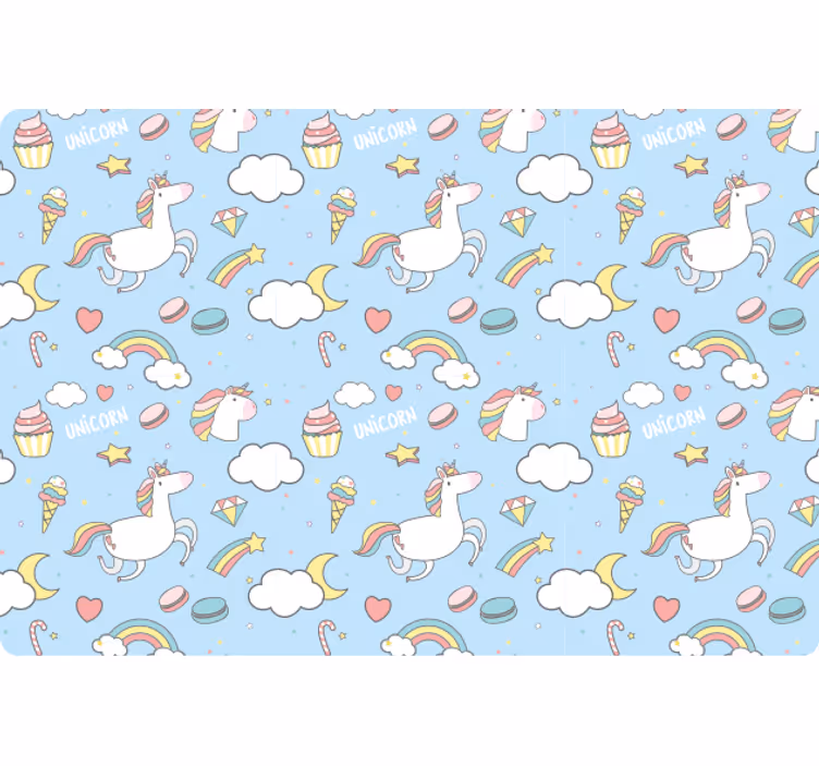 A blue wallpaper with cute unicorns and rainbows - TenStickers