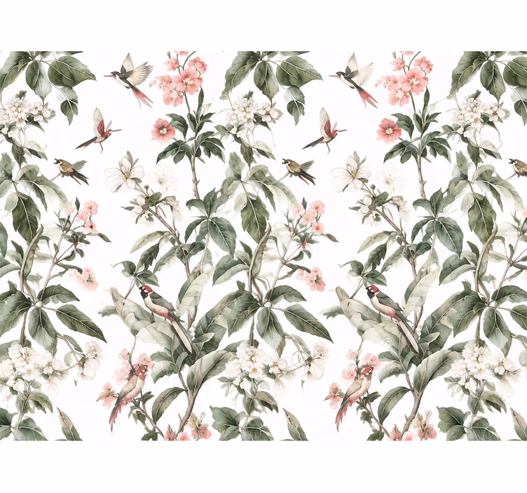 Leaves wallpaper with white pink flowers - TenStickers