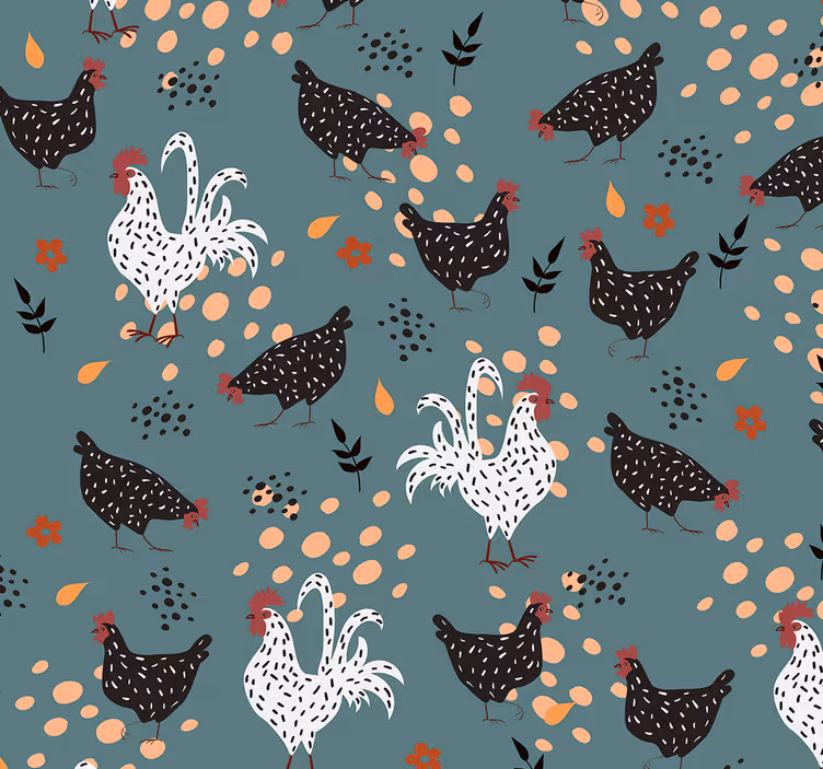 Black and white chickens with flowers wallpaper - TenStickers