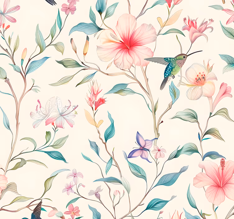 Flowers and hummingbirds pattern wallpaper flowery - TenStickers