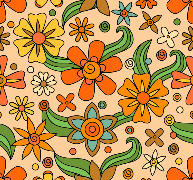 Golden and yellow 70's flowers wallpaper - TenStickers