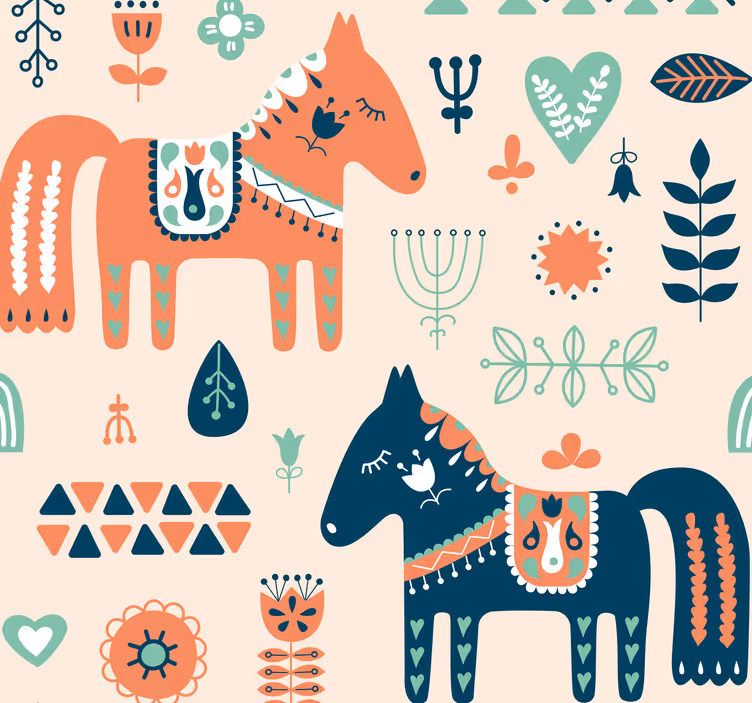 Nordic leaves on beige  horse  bedroom wallpaper - TenStickers