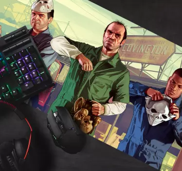 Gaming mouse pad with three characters holding masks - TenStickers