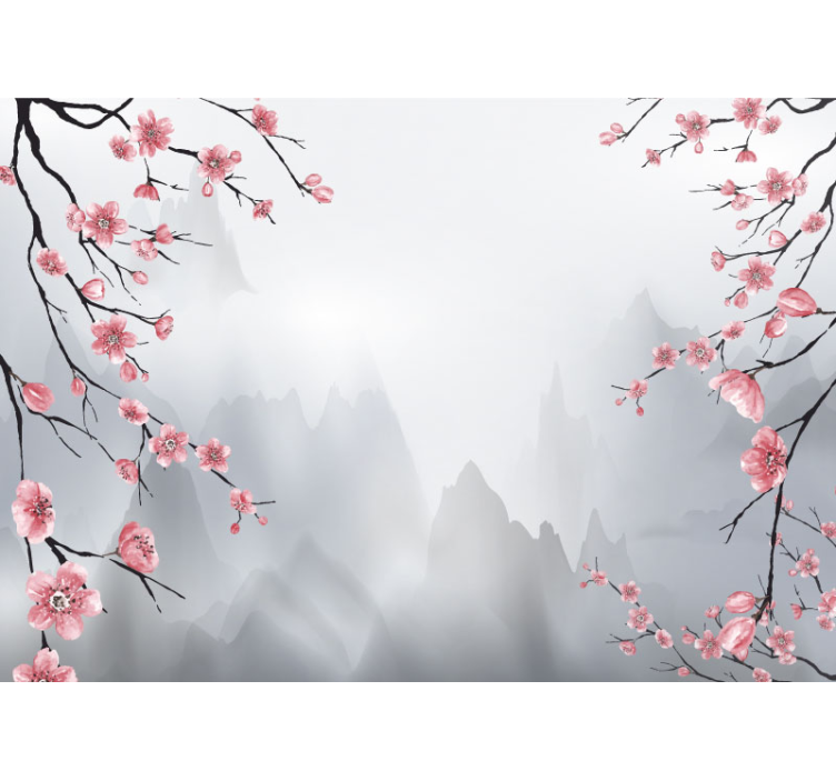 Blinds in a kitchen with cherry blossoms and mountains - TenStickers