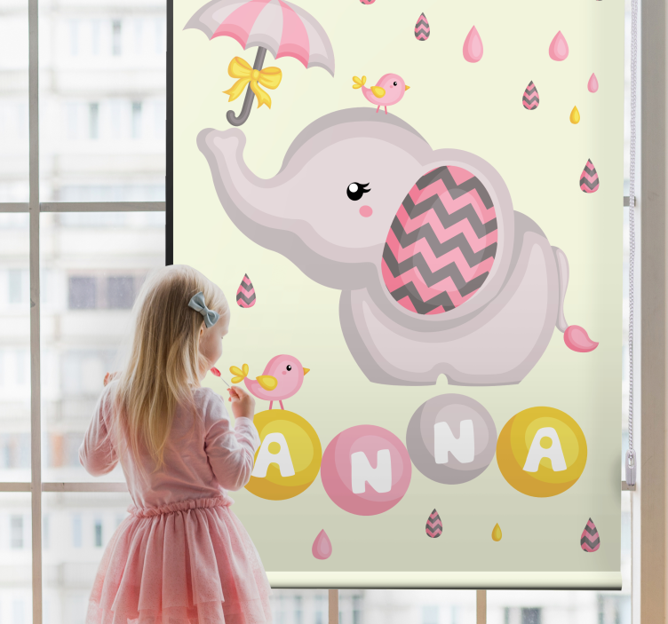 Baby elephant with name and umbrella blind kids - TenStickers