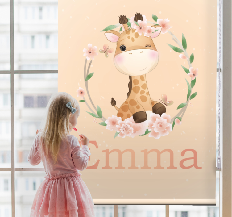 Cute giraffe for girl with name Nursery blind - TenStickers
