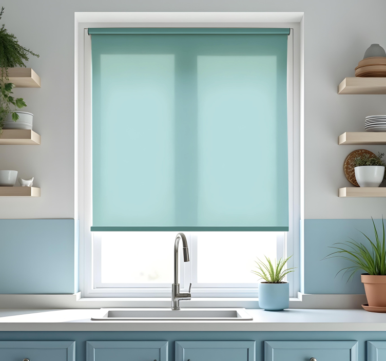 Light blue monocolor blinds in a kitchen - TenStickers
