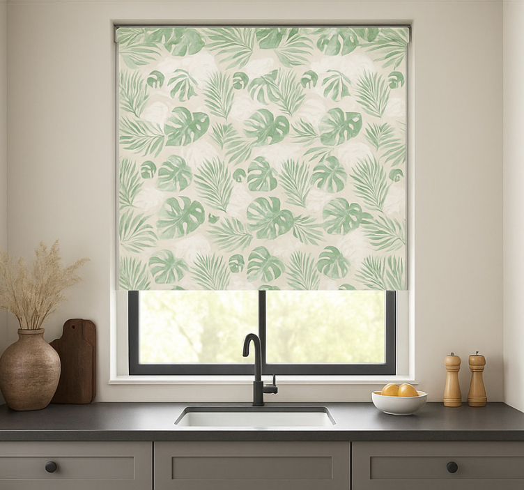 Tropical botanical leaves blinds in a kitchen - TenStickers