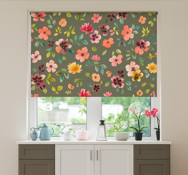 Vibrant Watercolor flowers blinds in a kitchen - TenStickers