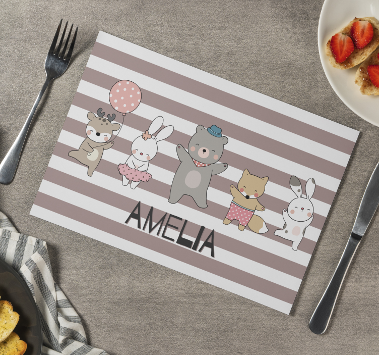 Animals dancing with personalised name kids placemat - TenStickers