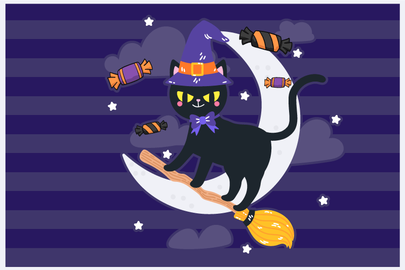Halloween placemats witchy cat on broom - TenStickers
