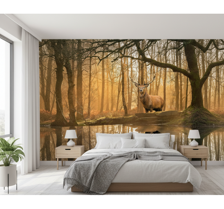 Forest wall mural golden stag lake - TenStickers