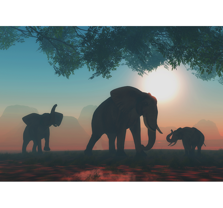 Elephants and tree by sunset  wall mural - TenStickers