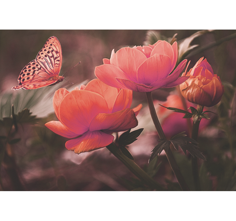 Flowers wall mural butterfly above blooms - TenStickers