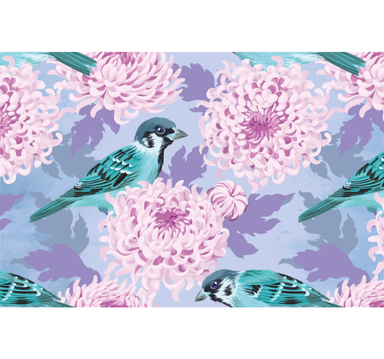 Flowers wall mural blue bird blooms - TenStickers