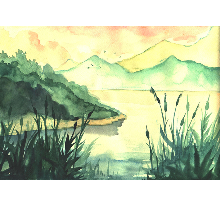 Serene handrawing landscape lake mural wallpaper - TenStickers