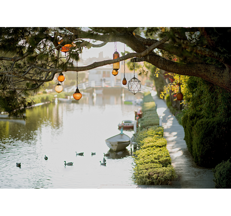 Landscape wall mural secluded waterway lanterns - TenStickers