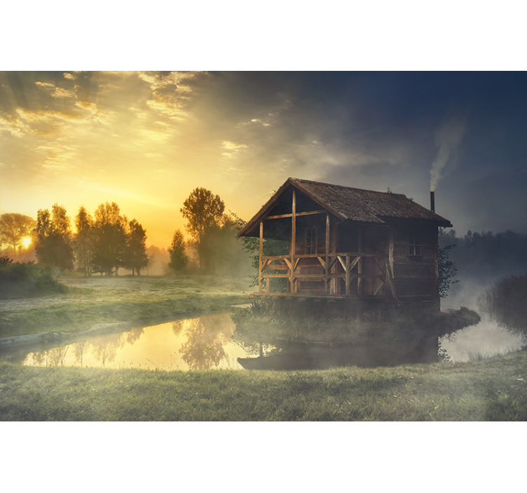Landscape wall mural serene cabin sunset - TenStickers