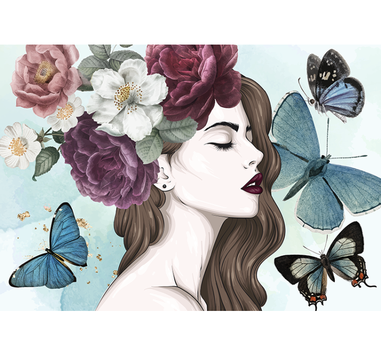 Flowers wall mural woman with butterflies - TenStickers