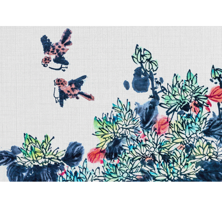 Flowers wall mural birds among flowers - TenStickers