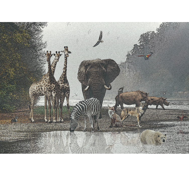 Wall mural jungle wildlife gathering scene - TenStickers