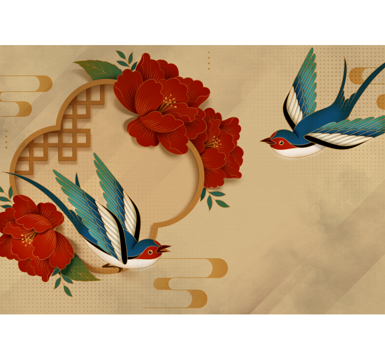 Flowers wall mural swallow and blossoms - TenStickers