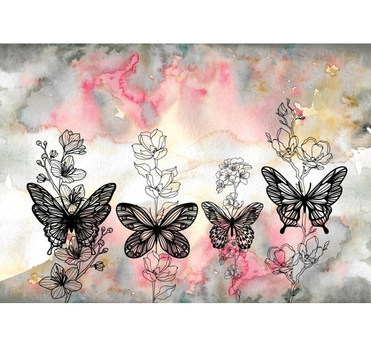Flowers wall mural fluttering wings and blossoms - TenStickers