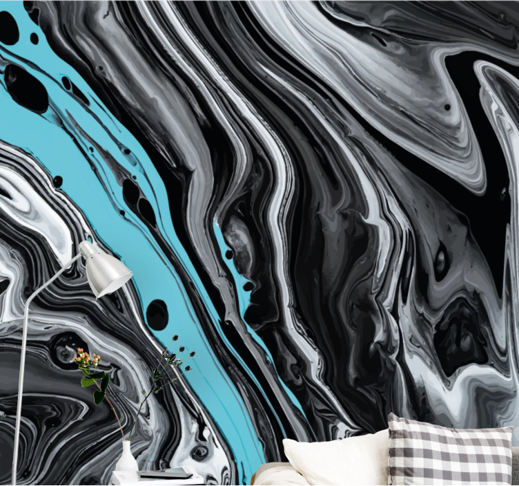 Abstract mural wallpaper in black and aqua flow - TenStickers