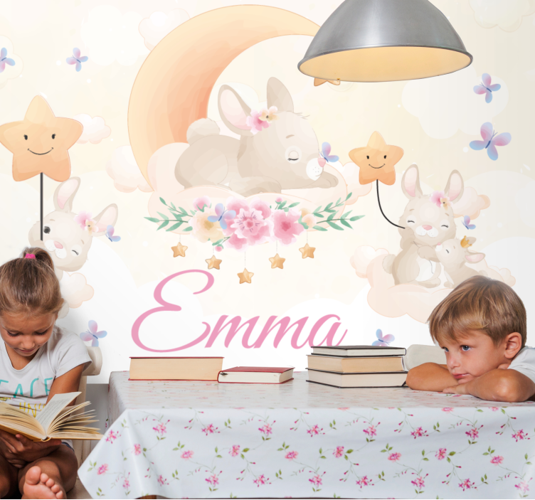 Bunny moon stars childrens bedroom wall mural - TenStickers