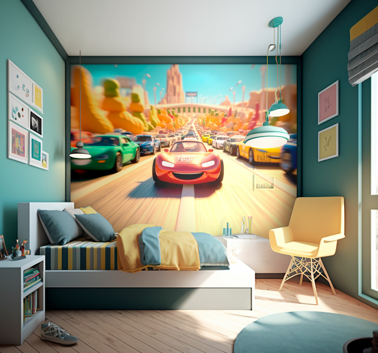 Cartoon car race Car wall mural - TenStickers
