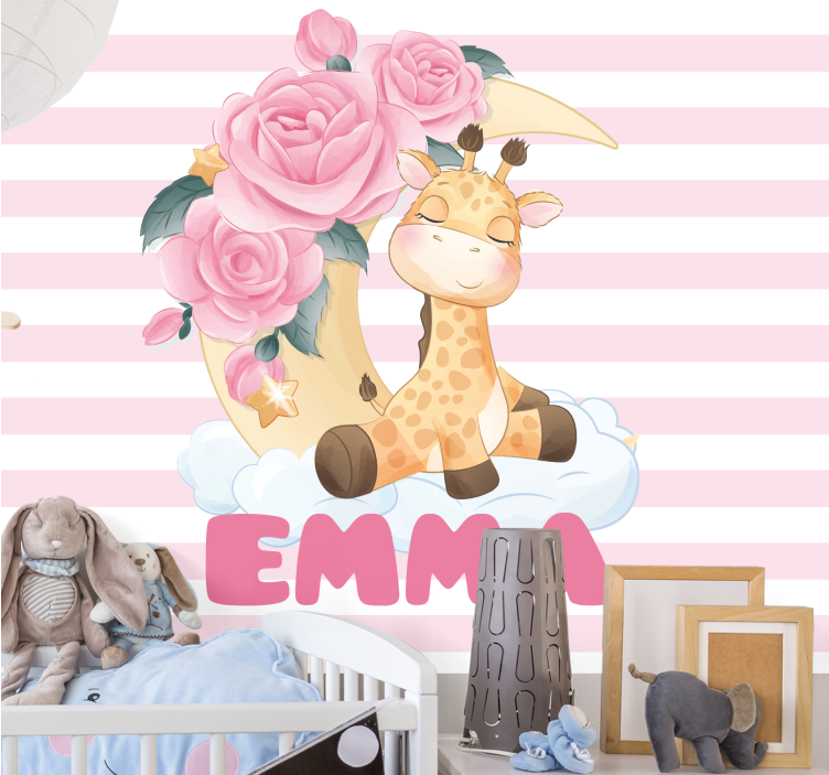 Childrens bedroom wall mural giraffe with roses - TenStickers