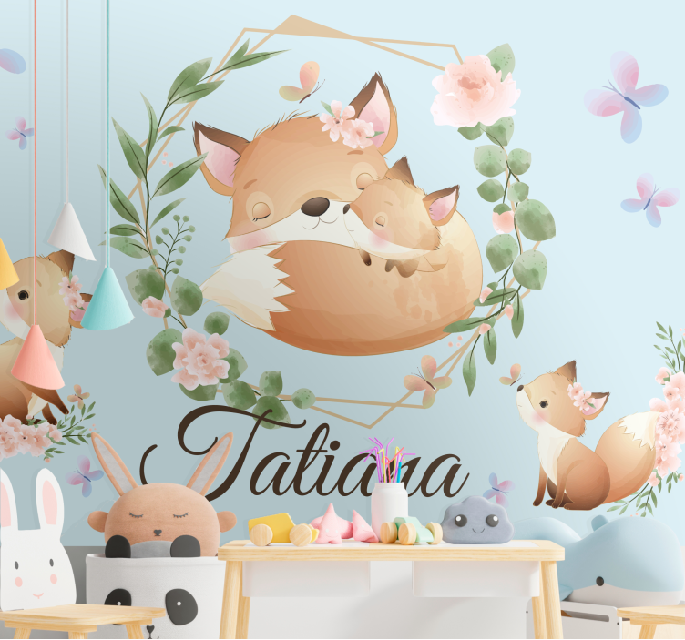 Cute Fox Family With Name childrens bedroom wall mural - TenStickers