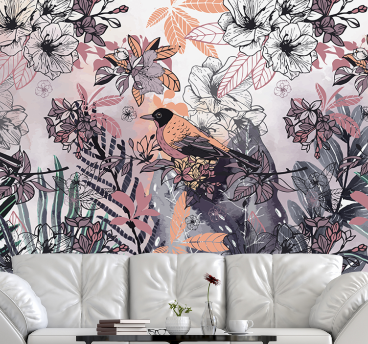 Flowers wall mural bird among blooms - TenStickers