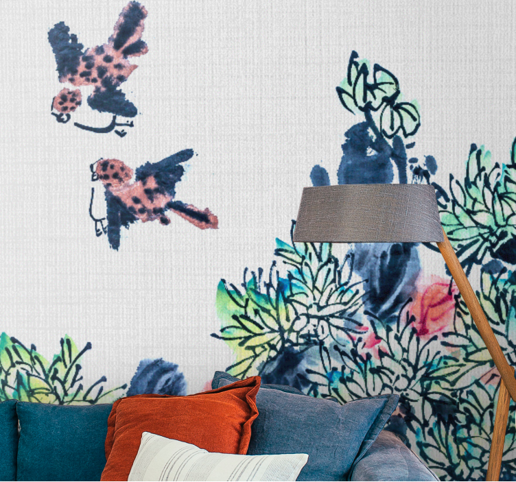 Flowers wall mural birds among flowers - TenStickers