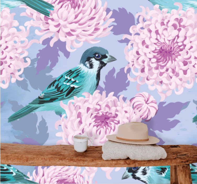Flowers wall mural blue bird blooms - TenStickers
