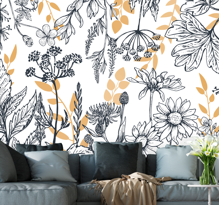 Flowers wall mural botanical outline design - TenStickers