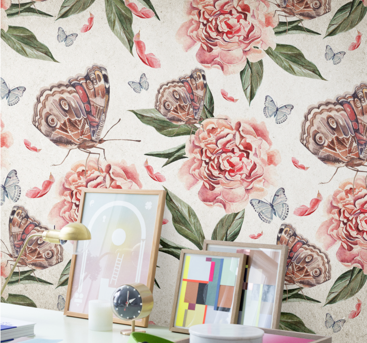 Flowers wall mural butterflies and peonies - TenStickers