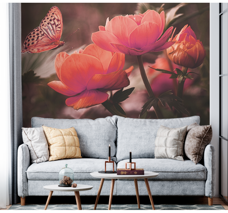 Flowers wall mural butterfly above blooms - TenStickers