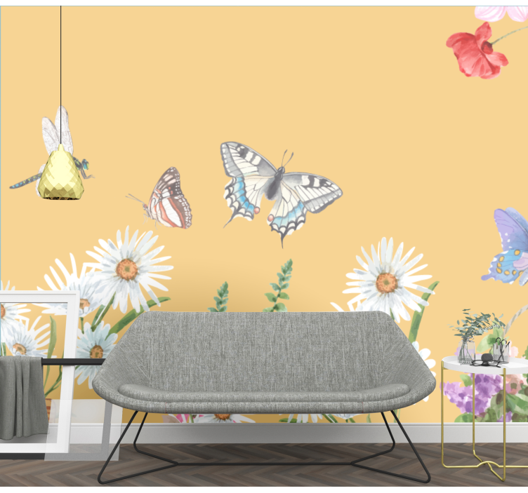 Flowers wall mural butterfly floral scene - TenStickers