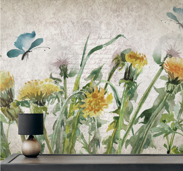 Flowers wall mural dandelions with butterflies - TenStickers