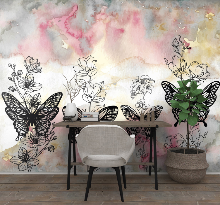 Flowers wall mural fluttering wings and blossoms - TenStickers